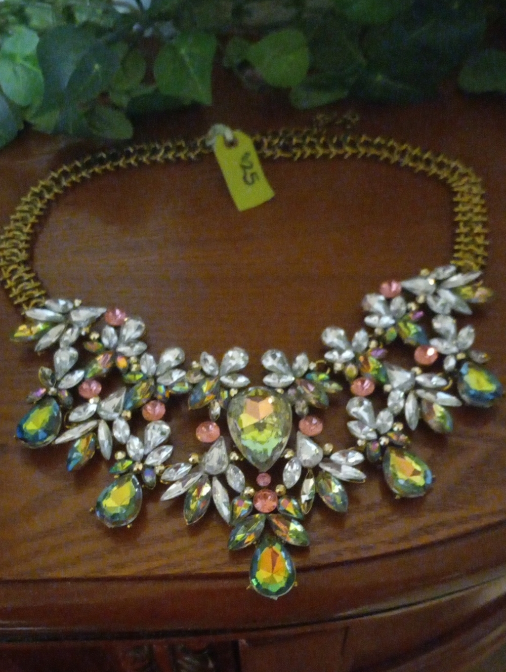 Statement Crystal Bib Necklace in Iridescent Green and Pink